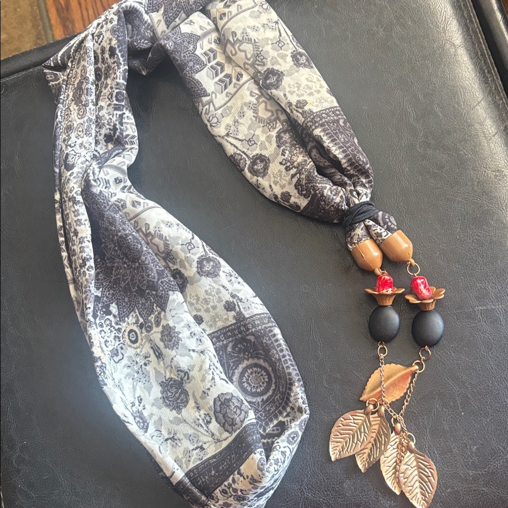 Bohemian Black and White Scarf with Beaded Accents